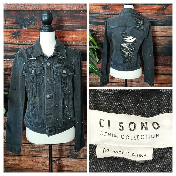 CI SONO Jean Jacket M Crop Distressed Studded Black Denim Grunge Biker - Picture 1 of 9